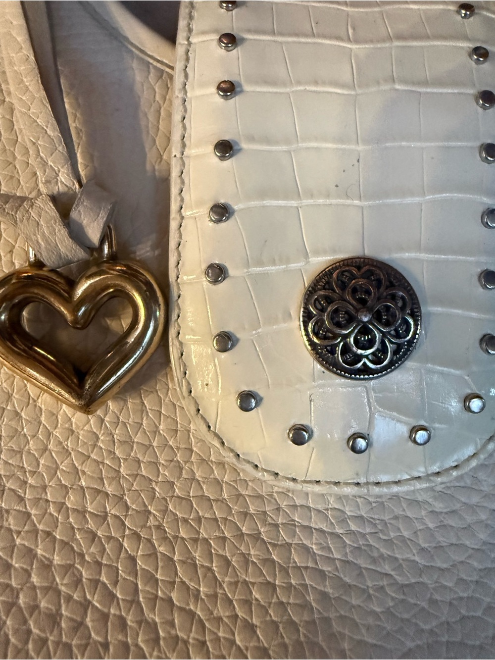 Brighton  Vintage Angie White Leather Shoulder Bag with Colorful Geometric Bow - Picture 6 of 8